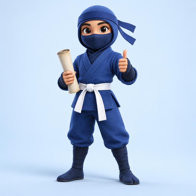 Friendly blue TalkNinja character wearing a white belt and holding a vocabulary scroll